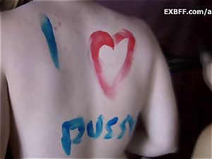 Collared wooly first-timer gets body painted by gf
